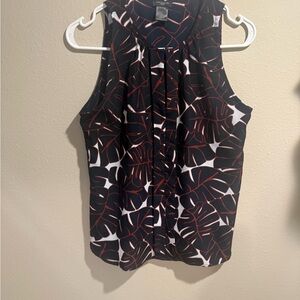 Ann Taylor Midnight Navy, Burgundy, and White Leaf Print Blouse (Petite Small)